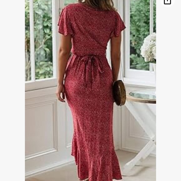 Bohemian Floral Printed Wrap V Neck Short Sleeve Split Beach Party Maxi Dress - Picture 2 of 6